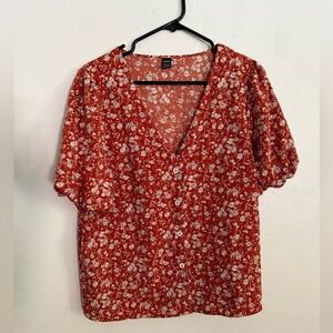Floral Red Button-up Blouse, Size L
